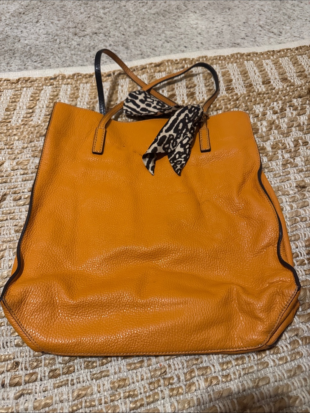 Everyday Orange Leather Tote with Leopard Scarf Accent